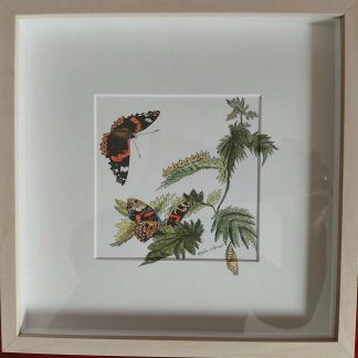Original Pen/Ink/Watercolour Painting of a Red Admiral Butterfly and Caterpillar